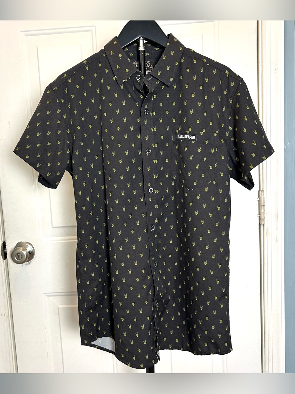 Rebel Reaper Shirt Mens "Metal Hands" Button Up Black Short Sleeve Casual